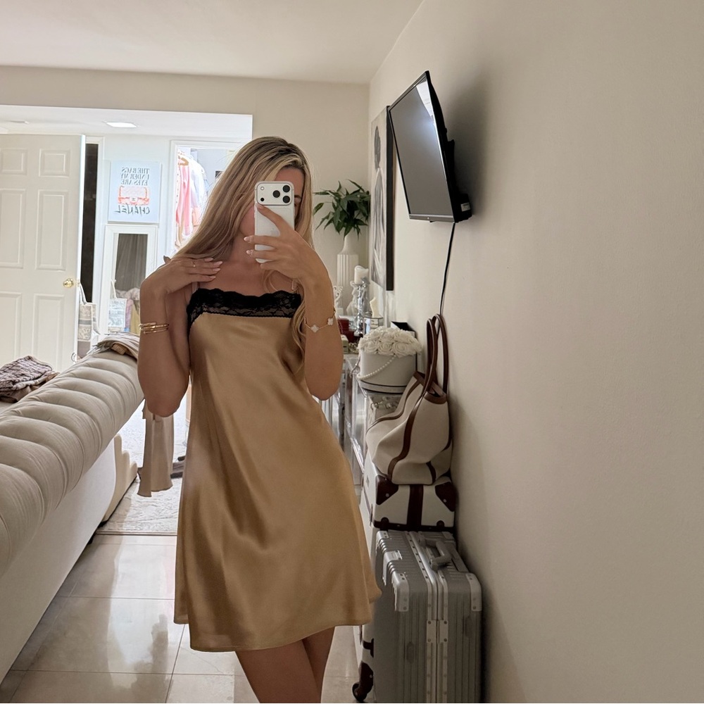 Satin Slip Dress with Black Lace Trim